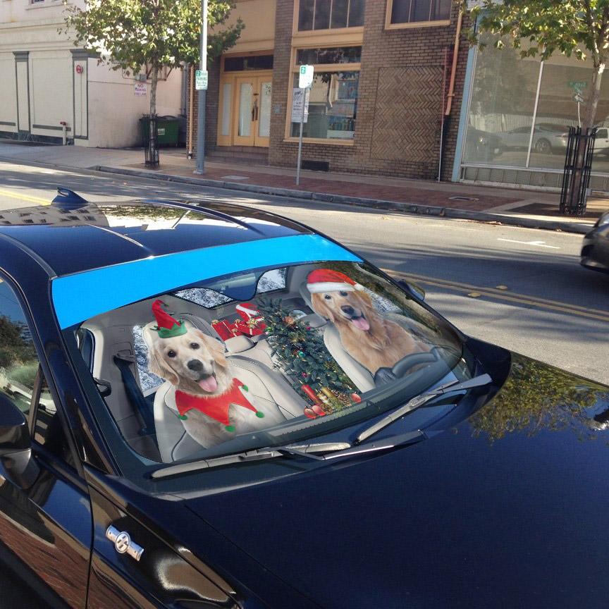 Gearhumans 3D Santa And Elf Golden Retriever Custom Car Auto Sunshade
