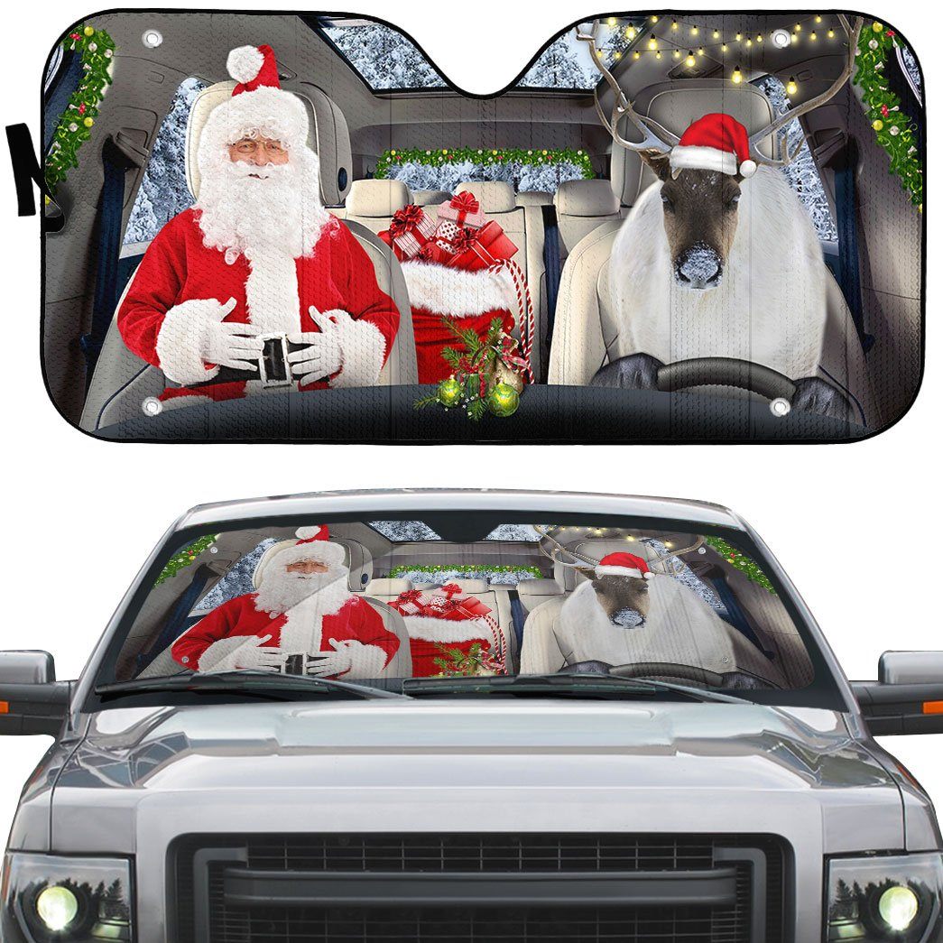 Gearhumans 3D Santa Claus Reindeer Custom Car Auto Sunshade