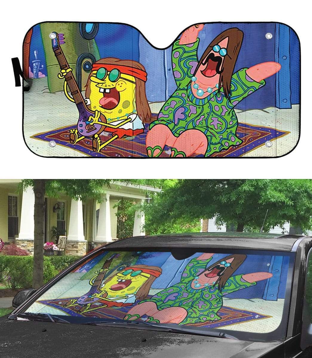 Gearhumans 3D Spongebob And Patrick Hippie Custom Car Auto Sunshade