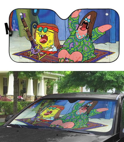 Gearhumans 3D Spongebob And Patrick Hippie Custom Car Auto Sunshade