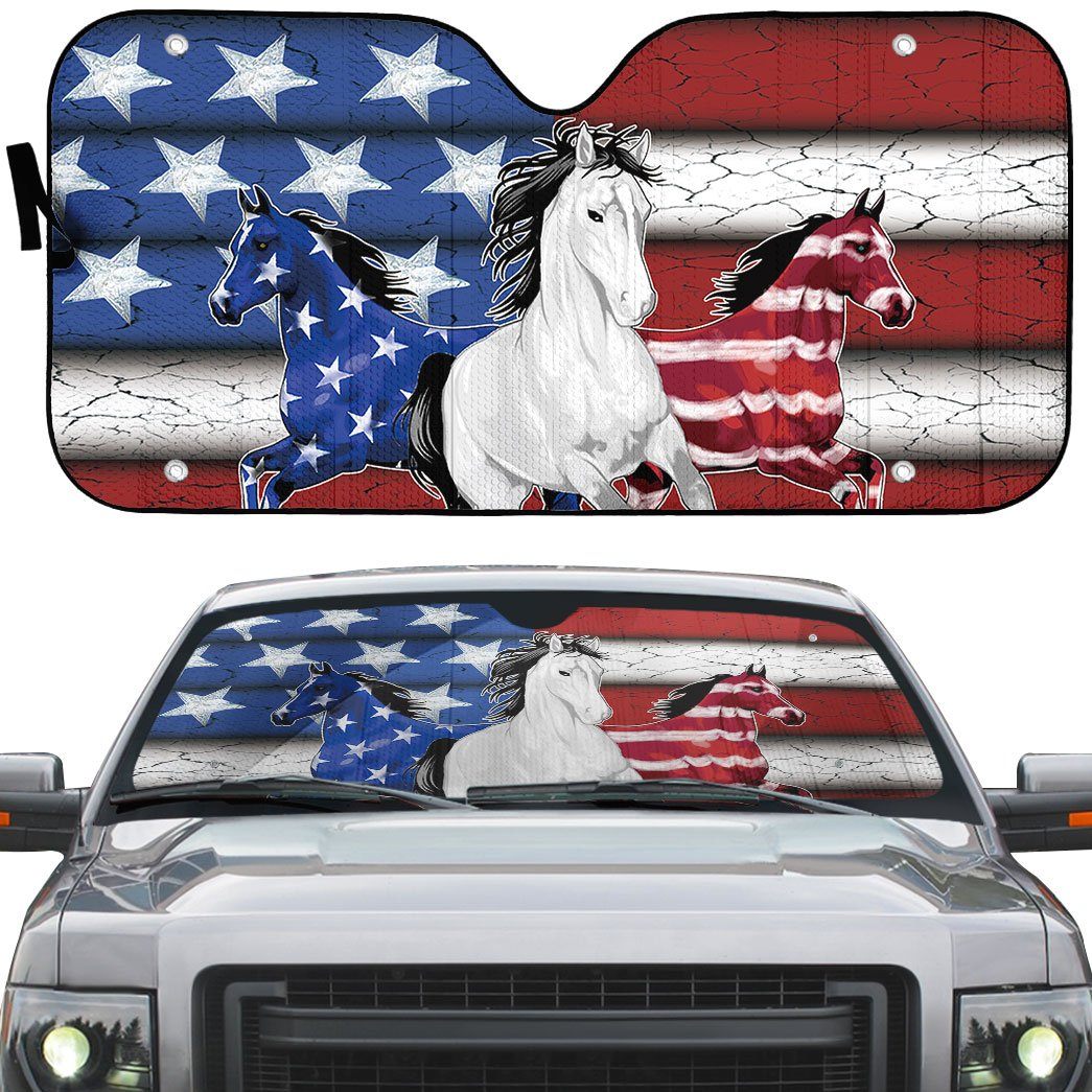 Gearhumans 3D Three Horses American Flag Custom Car Auto Sunshade