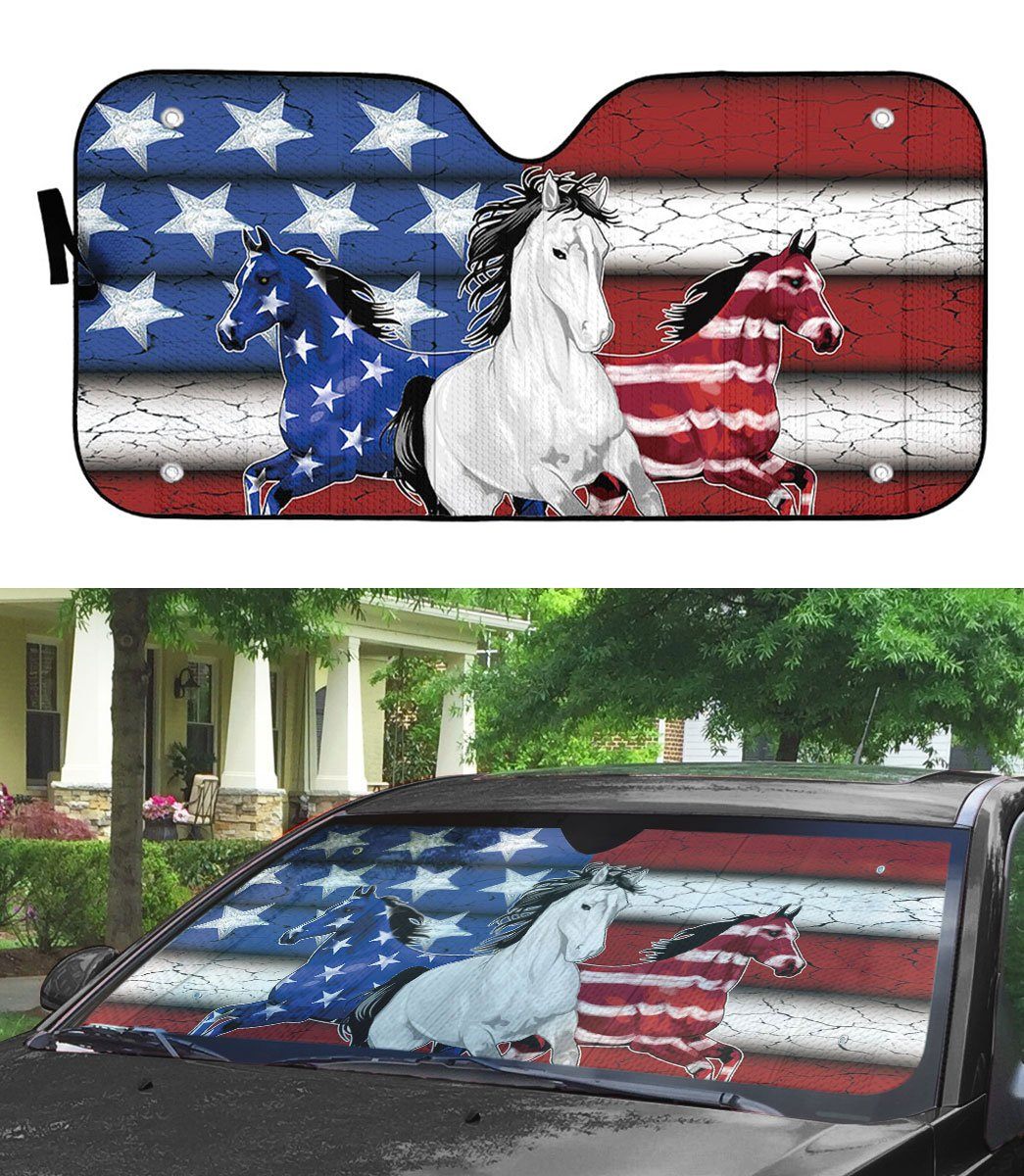 Gearhumans 3D Three Horses American Flag Custom Car Auto Sunshade