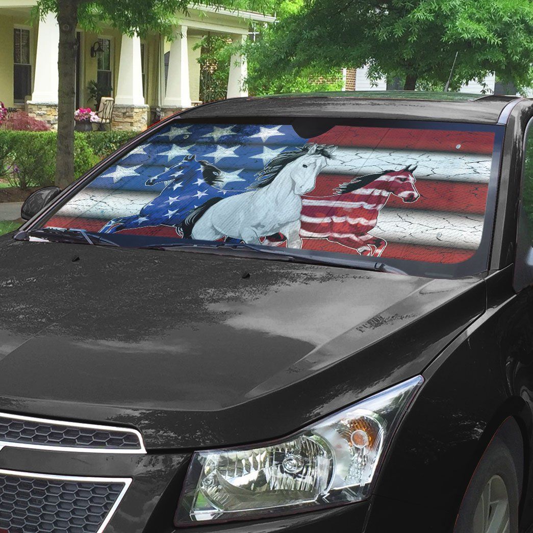 Gearhumans 3D Three Horses American Flag Custom Car Auto Sunshade