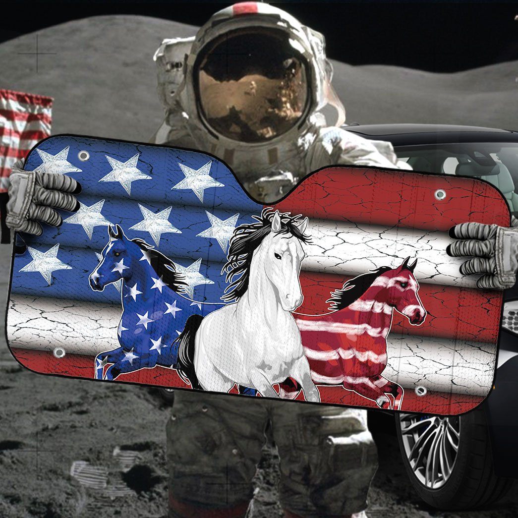Gearhumans 3D Three Horses American Flag Custom Car Auto Sunshade
