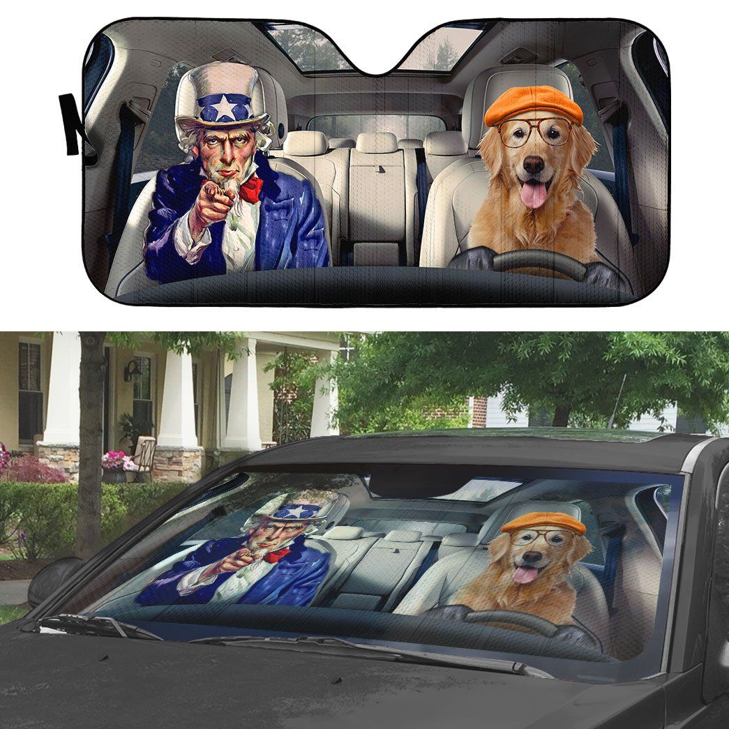 Gearhumans 3D Uncle Sam And Golden Retriever Custom Car Auto Sunshade