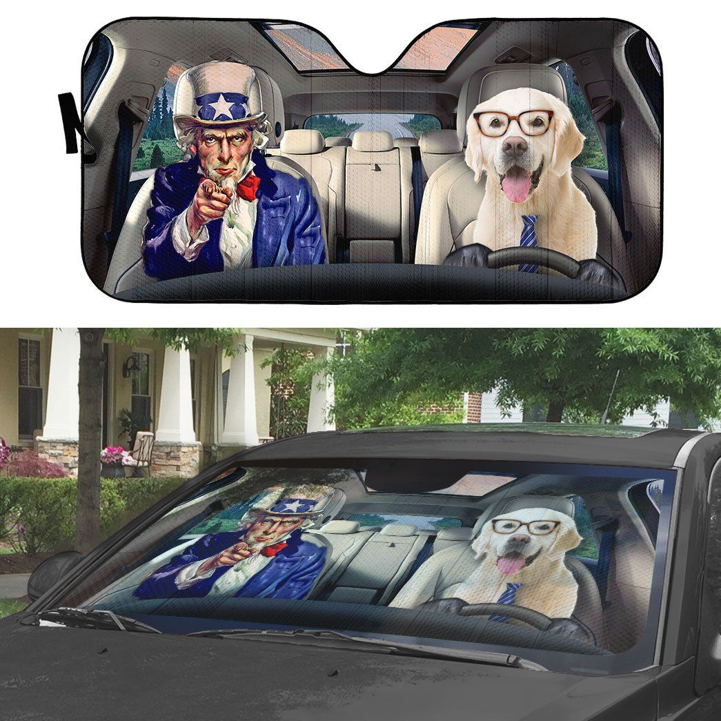 Gearhumans 3D Uncle Sam And Labrador Retriever Custom Car Auto Sunshade