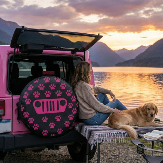 Pink Jeep Dog Paw Pattern Leather Spare Tire Cover