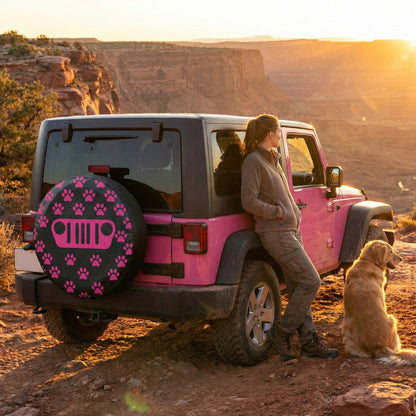 Pink Jeep Dog Paw Pattern Leather Spare Tire Cover