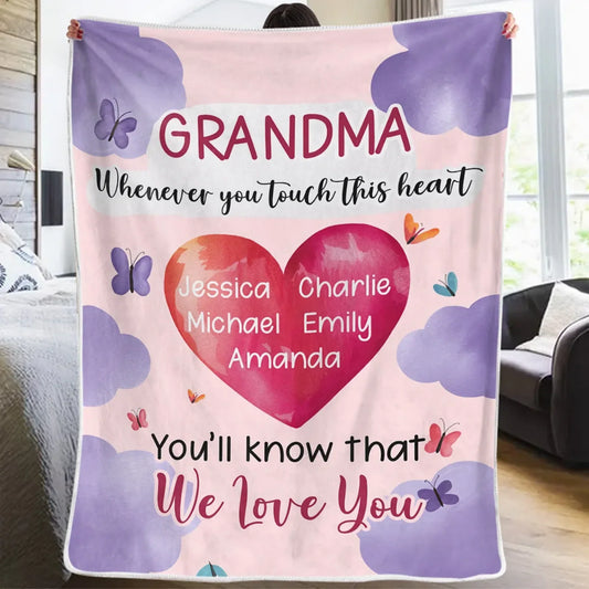 Grandma’s Heart Beats In Mine Forever - Family Personalized Custom Blanket - Gift For Mom, Grandma