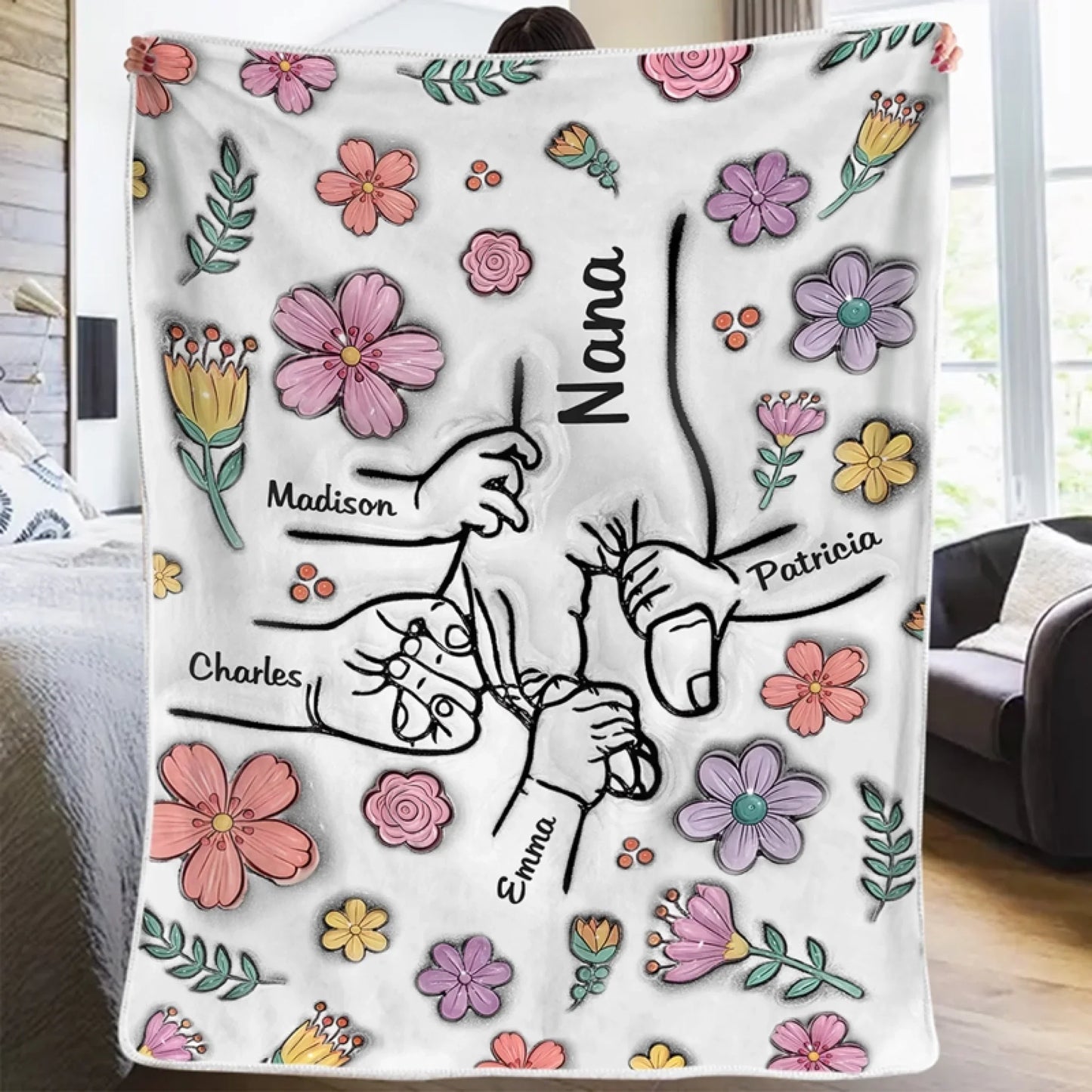 Hands Holding Nana With Love - Family Personalized Custom 3D Inflated Effect Printed Blanket - Mother's Day, Gift For Mom, Grandma