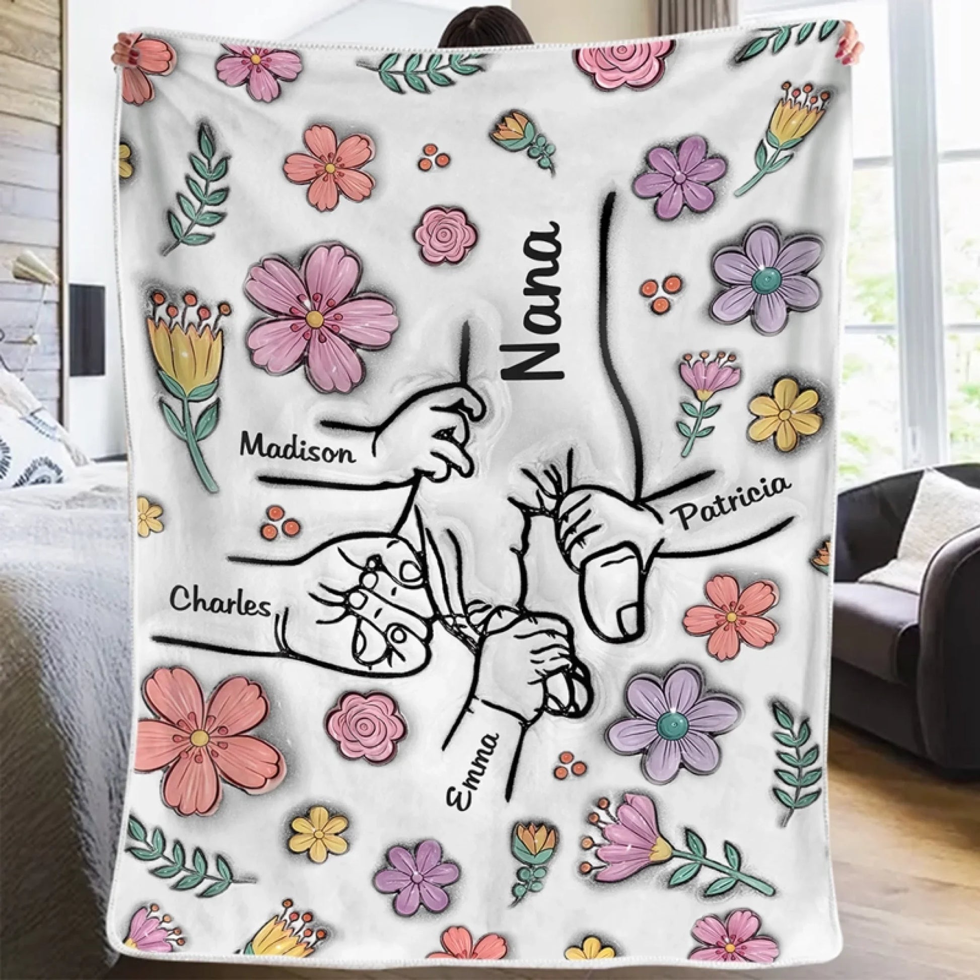 Hands Holding Nana With Love - Family Personalized Custom 3D Inflated Effect Printed Blanket - Mother's Day, Gift For Mom, Grandma