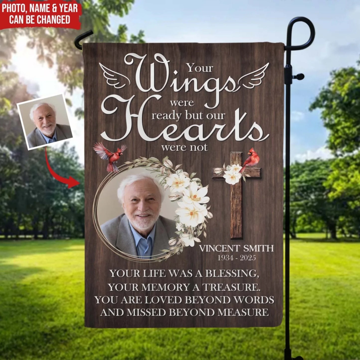 Your Wings Were Ready But Hearts Were Not - Personalized Garden Flag, Memorial Gifts