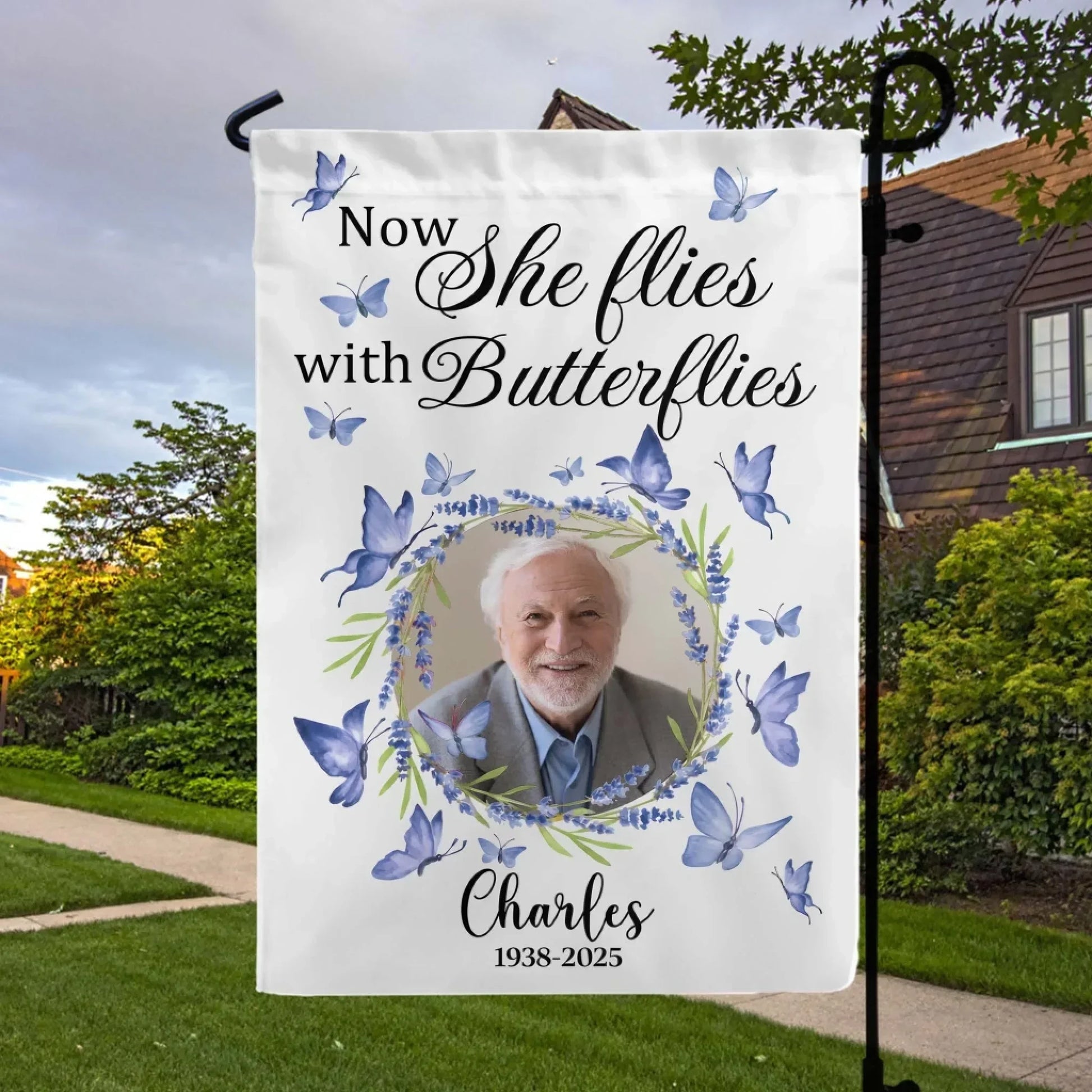 Now She Flies With Butterflies - Personalized Garden Flag, Memorial Gifts, Sympathy Gifts
