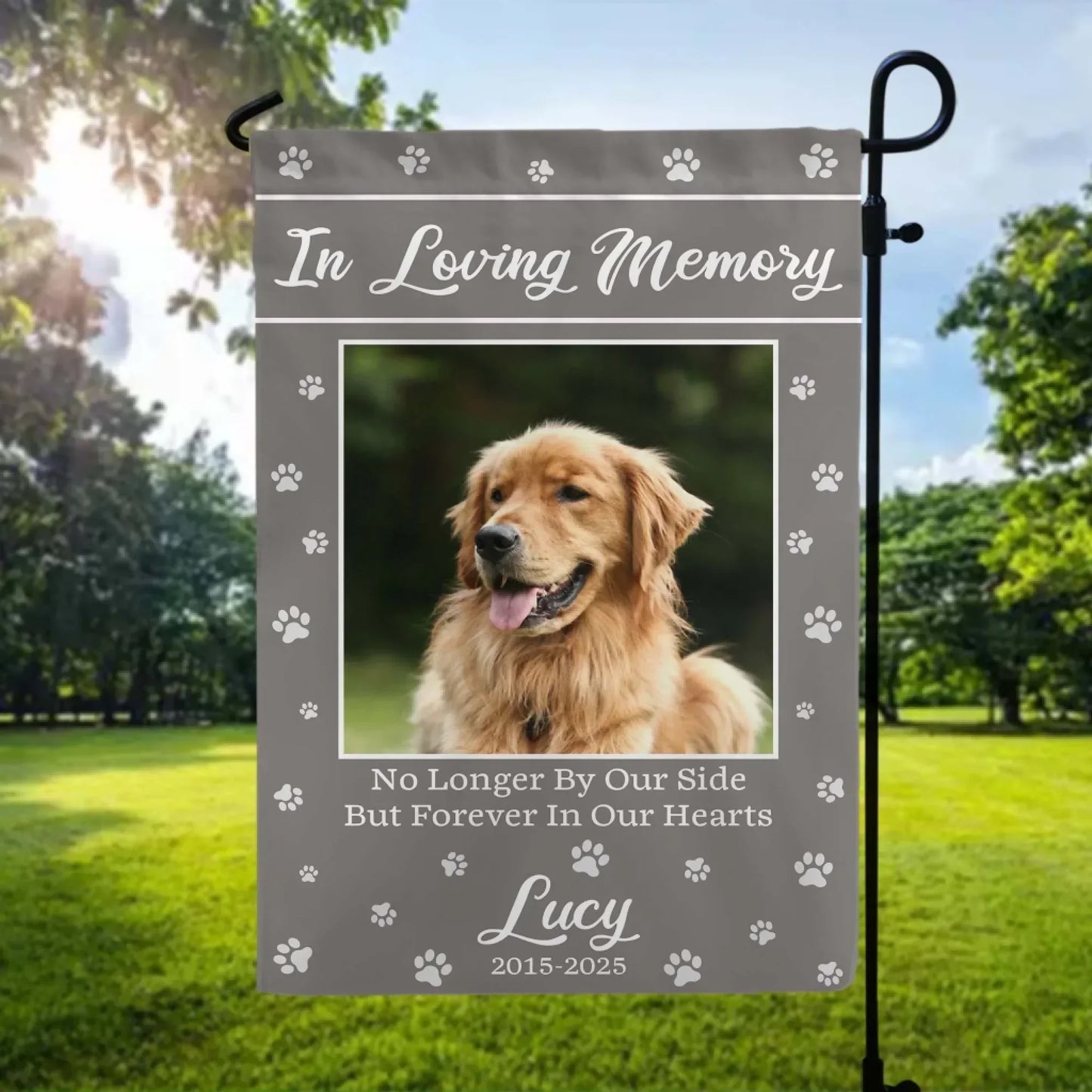 No Longer By Our Side But Forever In Our Hearts - Personalized Garden Flag, Pet Memorial Gift