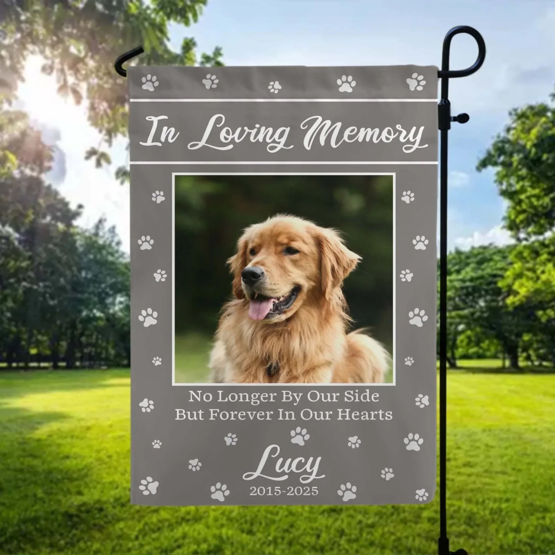 No Longer By Our Side But Forever In Our Hearts - Personalized Garden Flag, Pet Memorial Gift