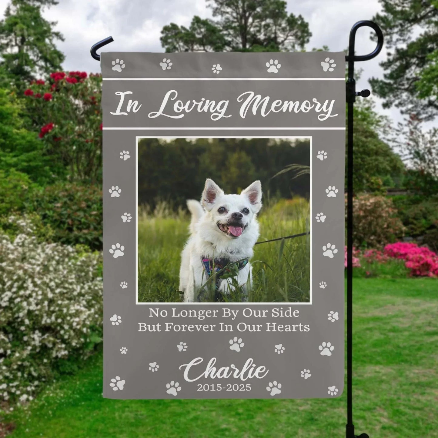 No Longer By Our Side But Forever In Our Hearts - Personalized Garden Flag, Pet Memorial Gift