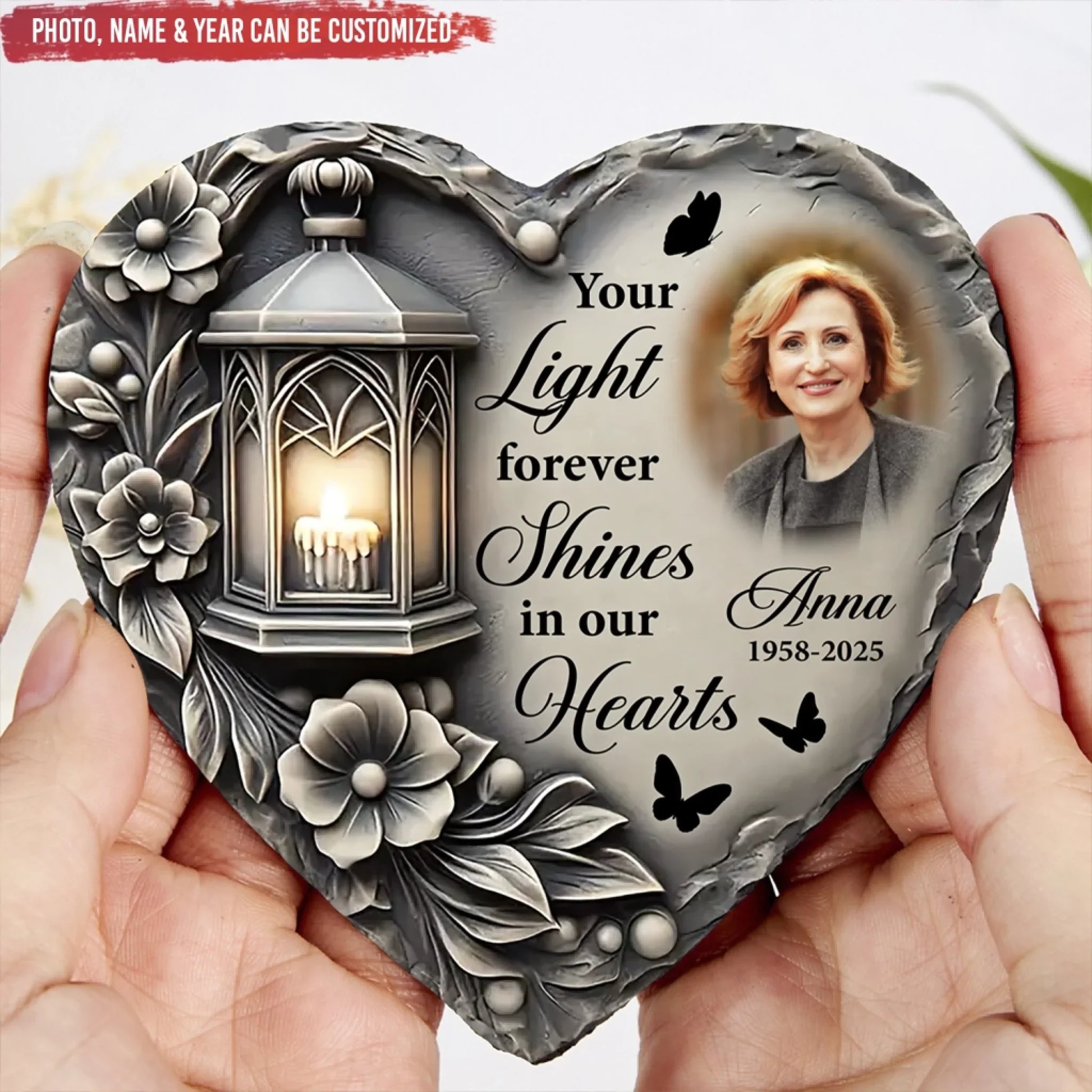 Your Light Forever Shines In Our Hearts - Personalized Memorial Stone, Garden Memorial Decor, Sympathy Gift For Loss Of Loved One
