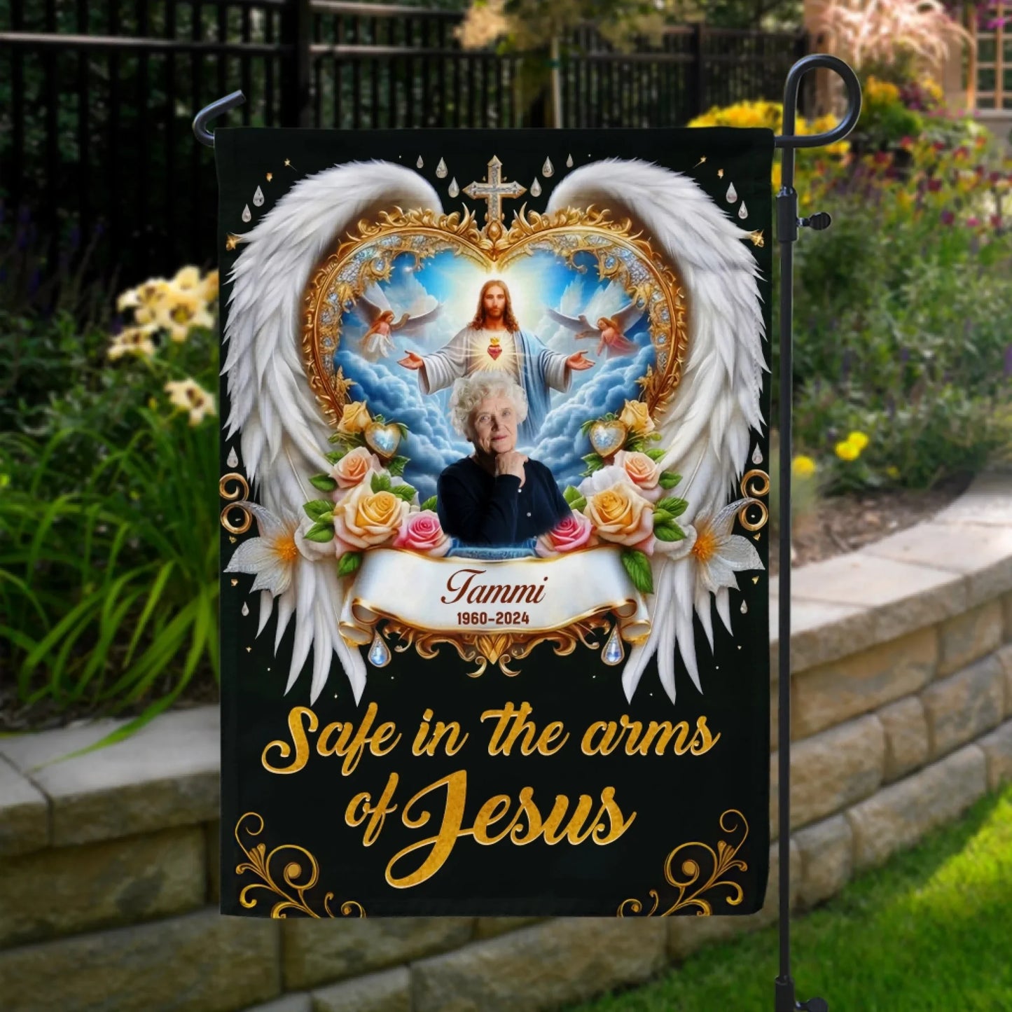 Safe In The Arms Of Jesus - Personalized Garden Flag, Memorial Gift For Loss Of Loved One