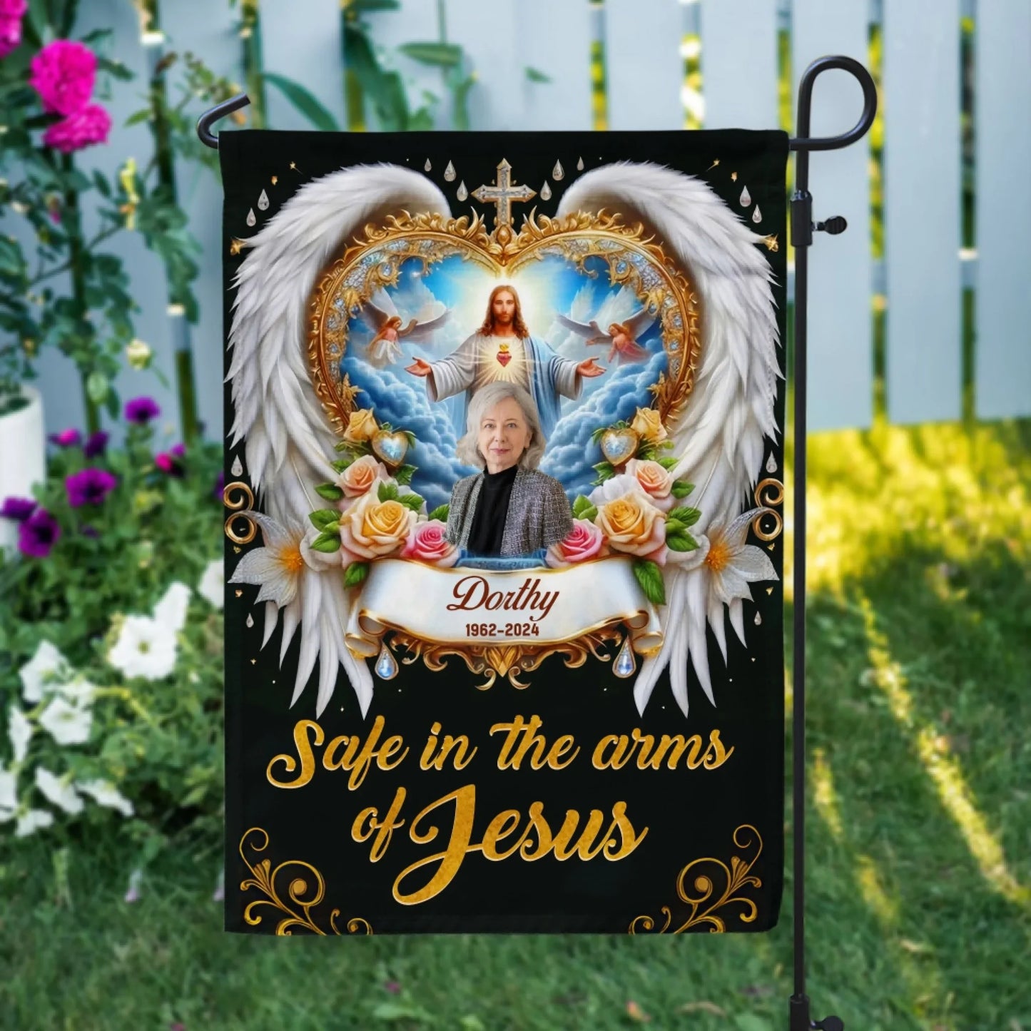 Safe In The Arms Of Jesus - Personalized Garden Flag, Memorial Gift For Loss Of Loved One