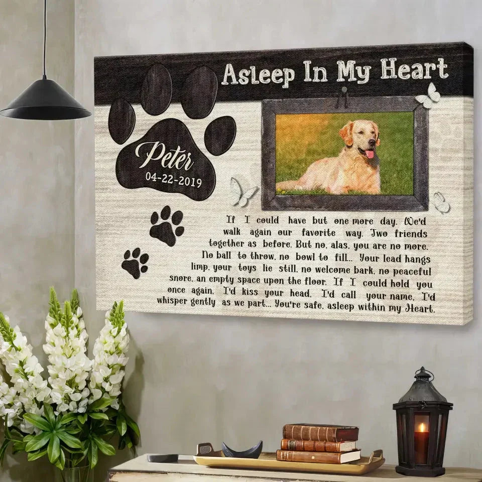 Dog Memorial Canvas – “Asleep In My Heart” Poem, Custom Photo & Name Gift - PersonalizedFury
