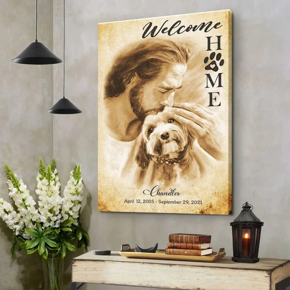 Welcome Home Dog Memorial Canvas – Jesus Holding Pet Design