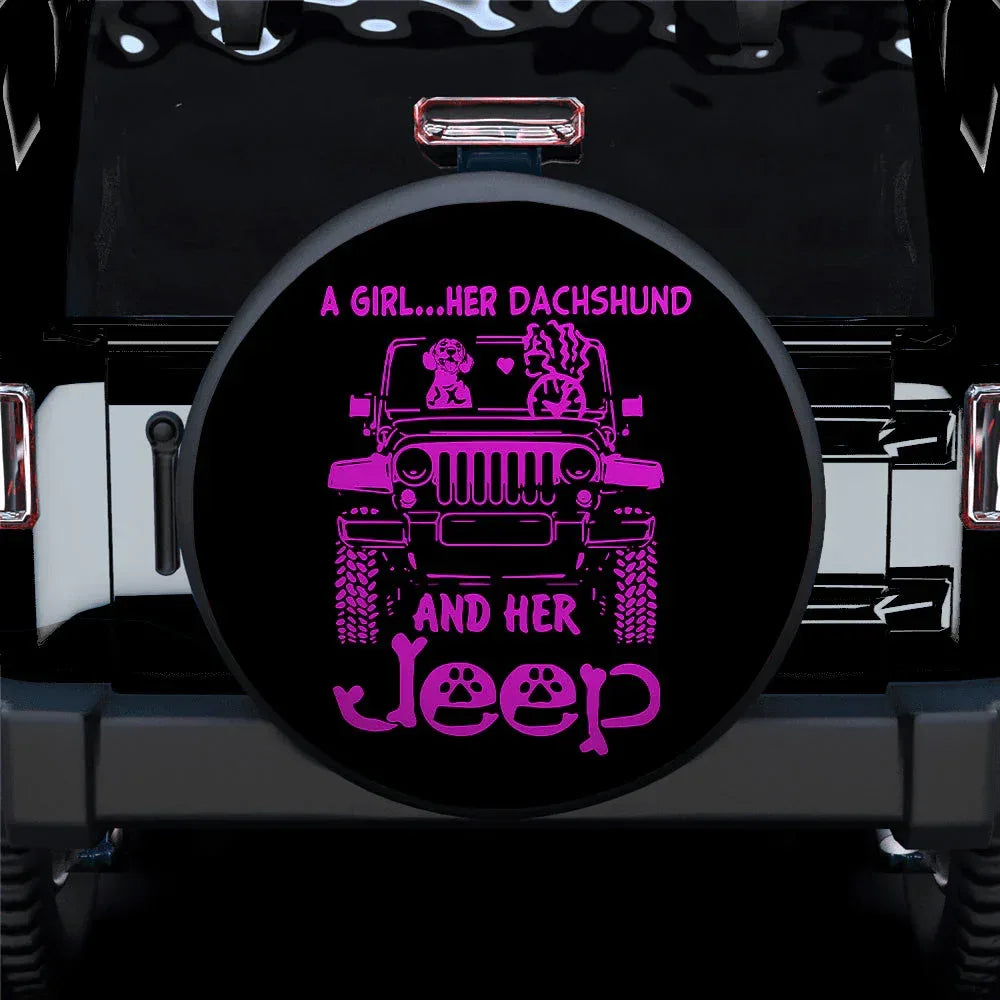 A Girl Her Dachshund And Her Jeep Pink Car Leather Spare Tire Cover - PersonalizedFury