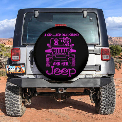 A Girl Her Dachshund And Her Jeep Pink Car Leather Spare Tire Cover - PersonalizedFury