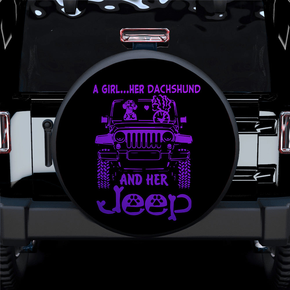 A Girl Her Dachshund And Her Purple Car Spare Tire Cover