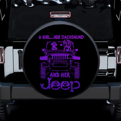 A Girl Her Dachshund And Her Purple Car Spare Tire Cover