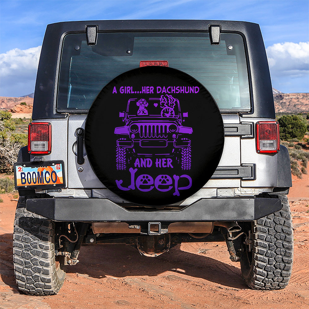 A Girl Her Dachshund And Her Purple Car Spare Tire Cover