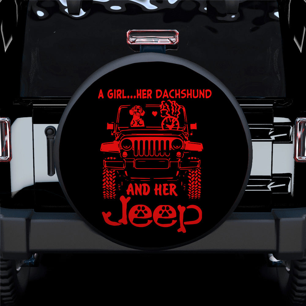 A Girl Her Dachshund And Her Red Car Spare Tire Cover