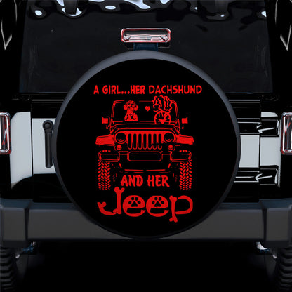 A Girl Her Dachshund And Her Red Car Spare Tire Cover