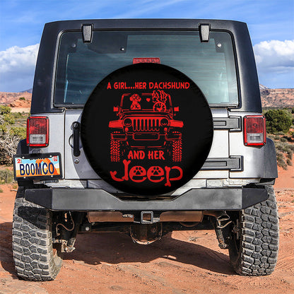 A Girl Her Dachshund And Her Red Car Spare Tire Cover