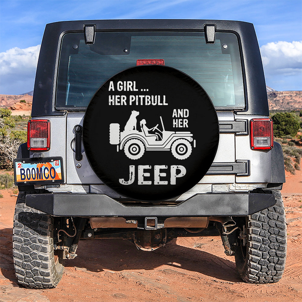A Girl Her Pitbull And Her Jeep Car Spare Tire Cover