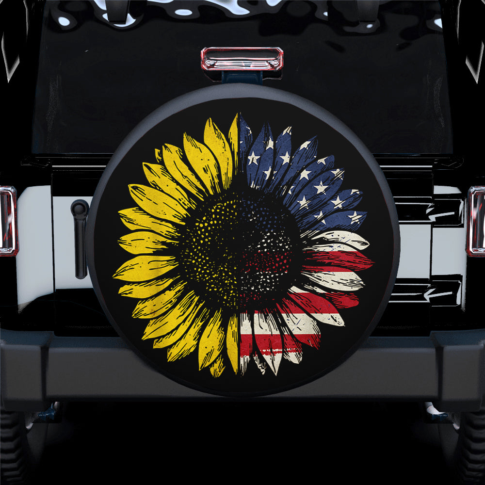 American Flag With Art Sunflower Car Spare Tire Cover