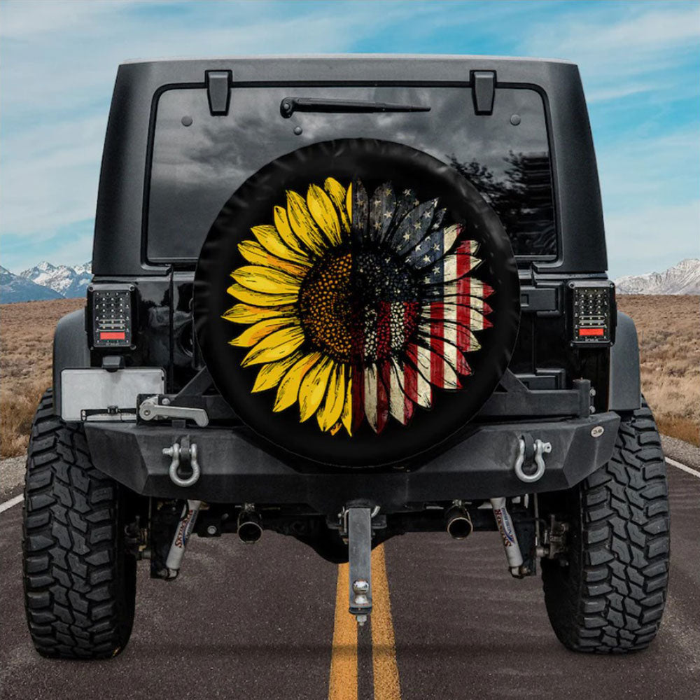 American Flag With Art Sunflower Car Spare Tire Cover