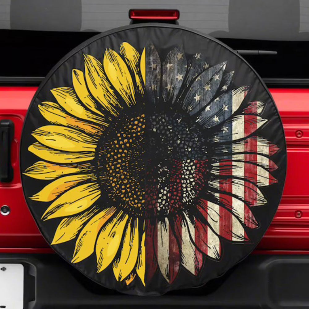 American Flag With Art Sunflower Car Spare Tire Cover