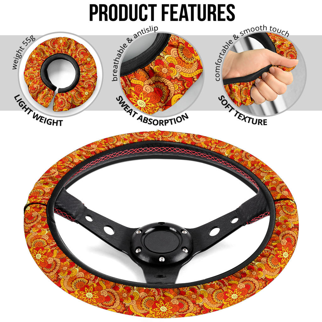 Asian Ethnic Floral Retro Doodle Fashion Premium Car Steering Wheel Cover