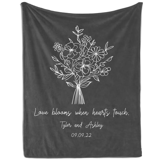 Love Blooms When Hearts Touch - Personalized Anniversary or Valentine's Day gift for Husband or Wife - Custom Blanket - MyMindfulGifts