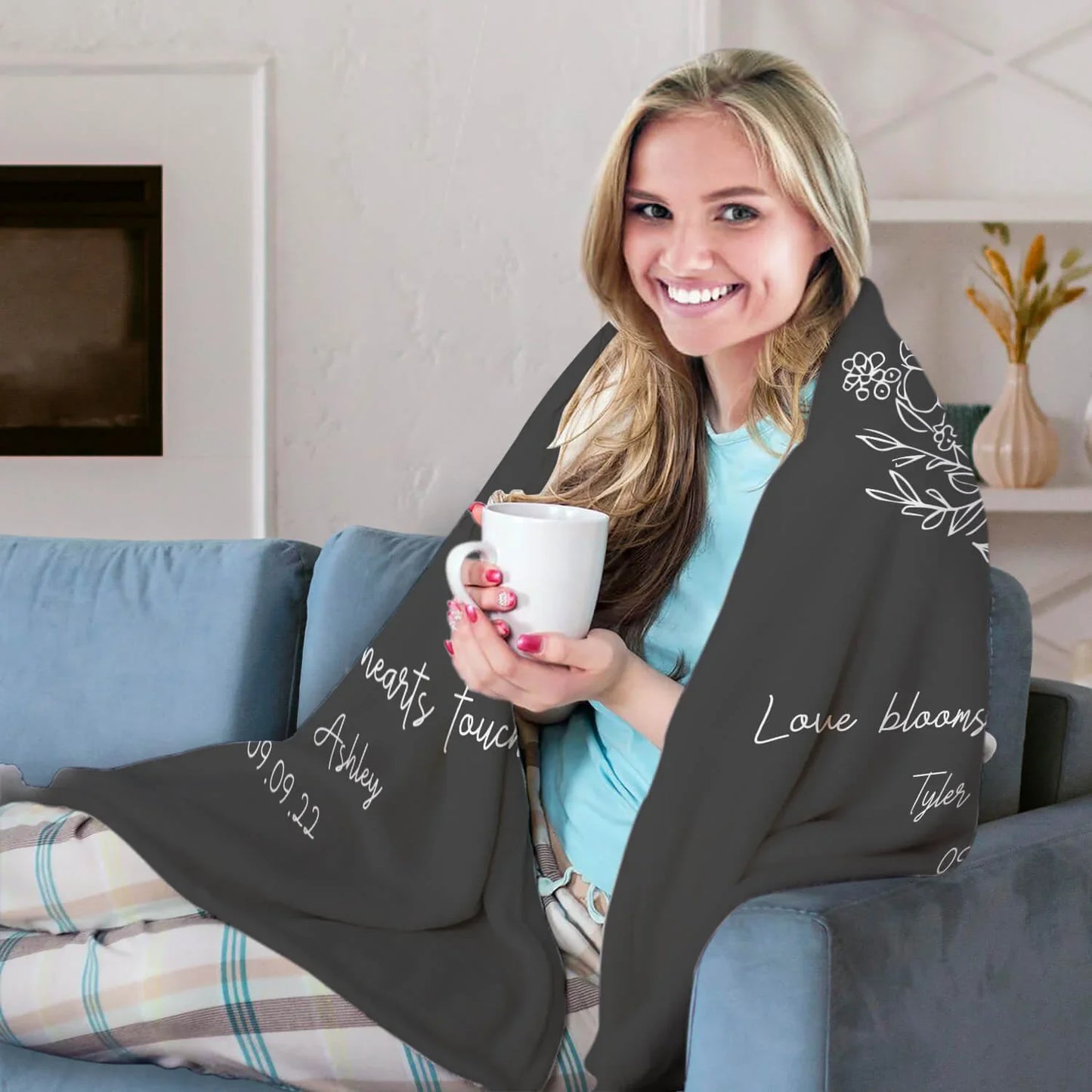 Love Blooms When Hearts Touch - Personalized Anniversary or Valentine's Day gift for Husband or Wife - Custom Blanket - MyMindfulGifts