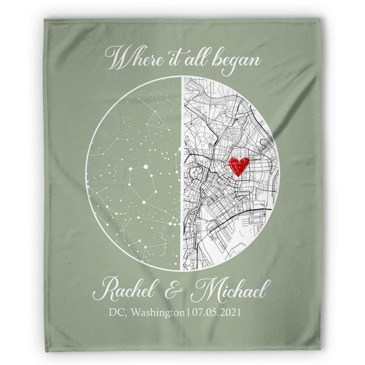 Where It All Began - Personalized Anniversary or Valentine's Day gift for Husband or Wife - Custom Map & Star Map Blanket - MyMindfulGifts