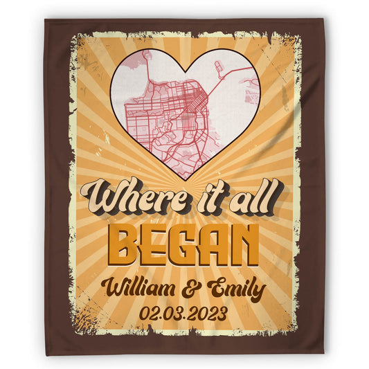 Where It All Began Retro Map - Personalized Anniversary or Valentine's Day gift for Husband or Wife - Custom Blanket - MyMindfulGifts