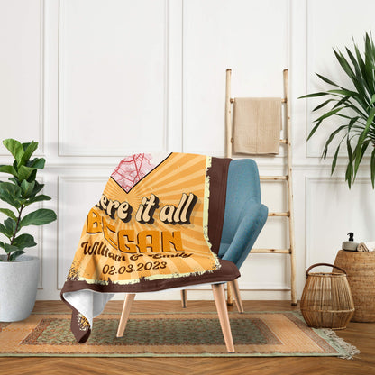 Where It All Began Retro Map - Personalized Anniversary or Valentine's Day gift for Husband or Wife - Custom Blanket - MyMindfulGifts