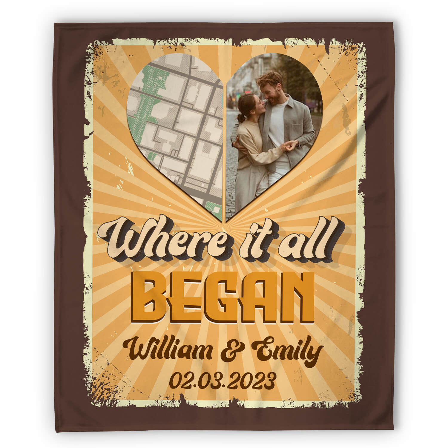 Where It All Began Retro Map - Personalized Anniversary or Valentine's Day gift for Husband or Wife - Custom Photo Blanket - MyMindfulGifts