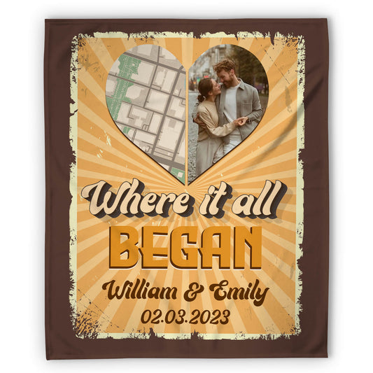 Where It All Began Retro Map - Personalized Anniversary or Valentine's Day gift for Husband or Wife - Custom Photo Blanket - MyMindfulGifts