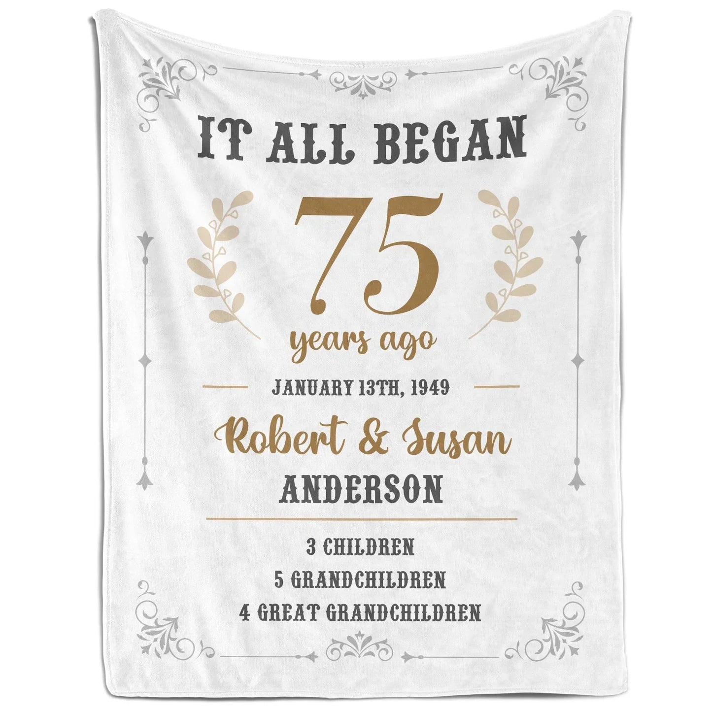 It All Began 75 Years Ago - Personalized 75 Year Anniversary gift For Parents or Grandparents - Custom Blanket - MyMindfulGifts