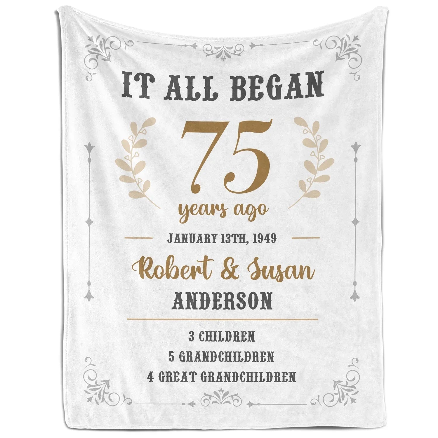 It All Began 75 Years Ago - Personalized 75 Year Anniversary gift For Parents or Grandparents - Custom Blanket - MyMindfulGifts