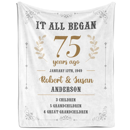 It All Began 75 Years Ago - Personalized 75 Year Anniversary gift For Parents or Grandparents - Custom Blanket - MyMindfulGifts
