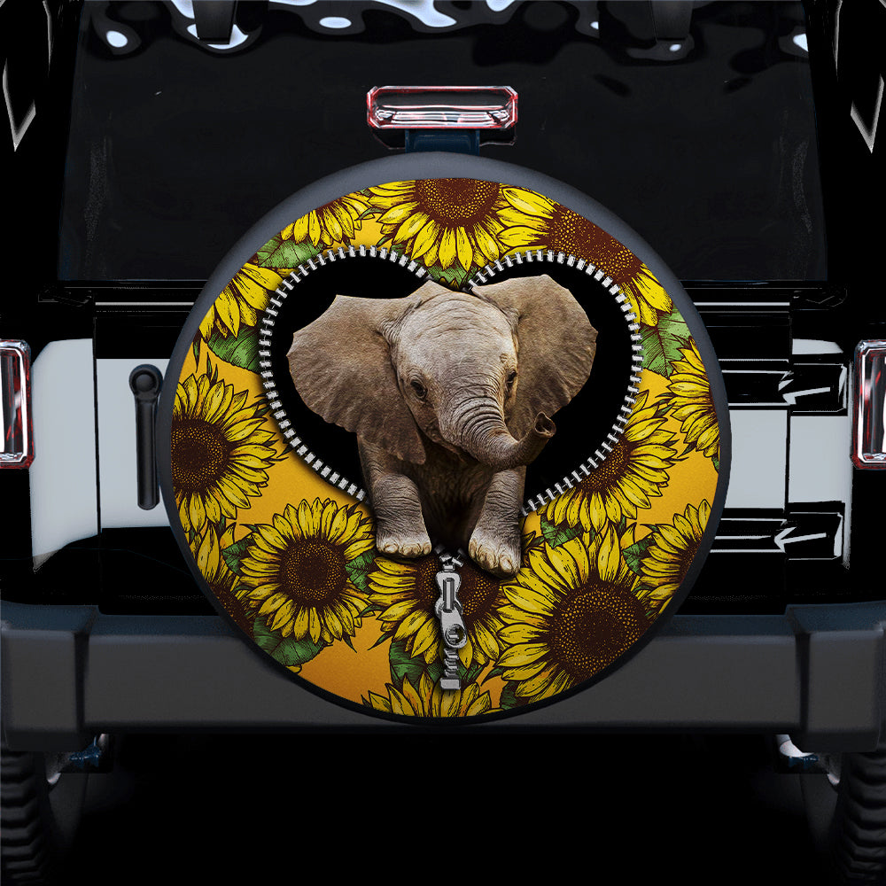 Baby Elephant Sunflower Zipper Car Spare Tire Cover