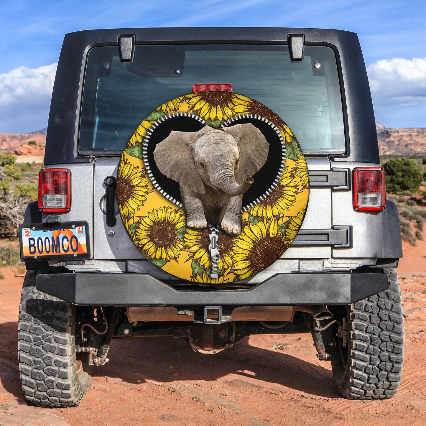 Baby Elephant Sunflower Zipper Car Spare Tire Cover